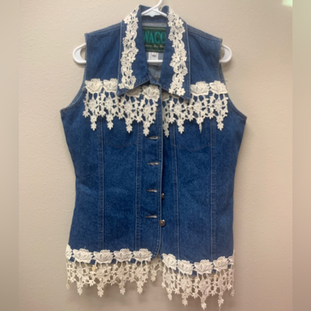 Waco jeans denim vest with lace embroidery size Small S